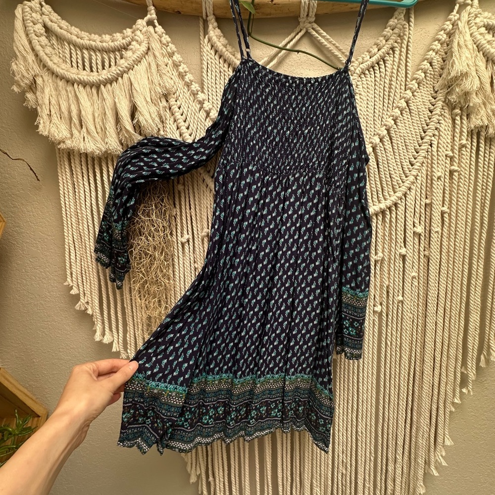 Cold-Shoulder Mini Dress in Navy with Teal Print